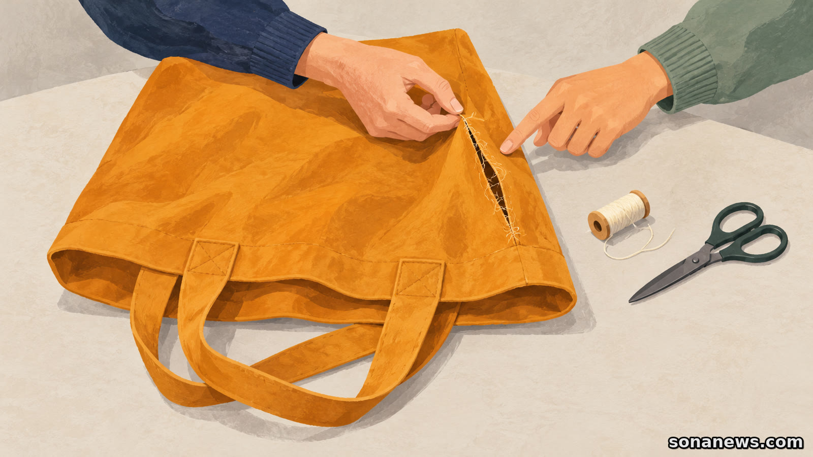 Illustration of two people examining a torn canvas bag together at a repair café table, with thread and scissors nearby.