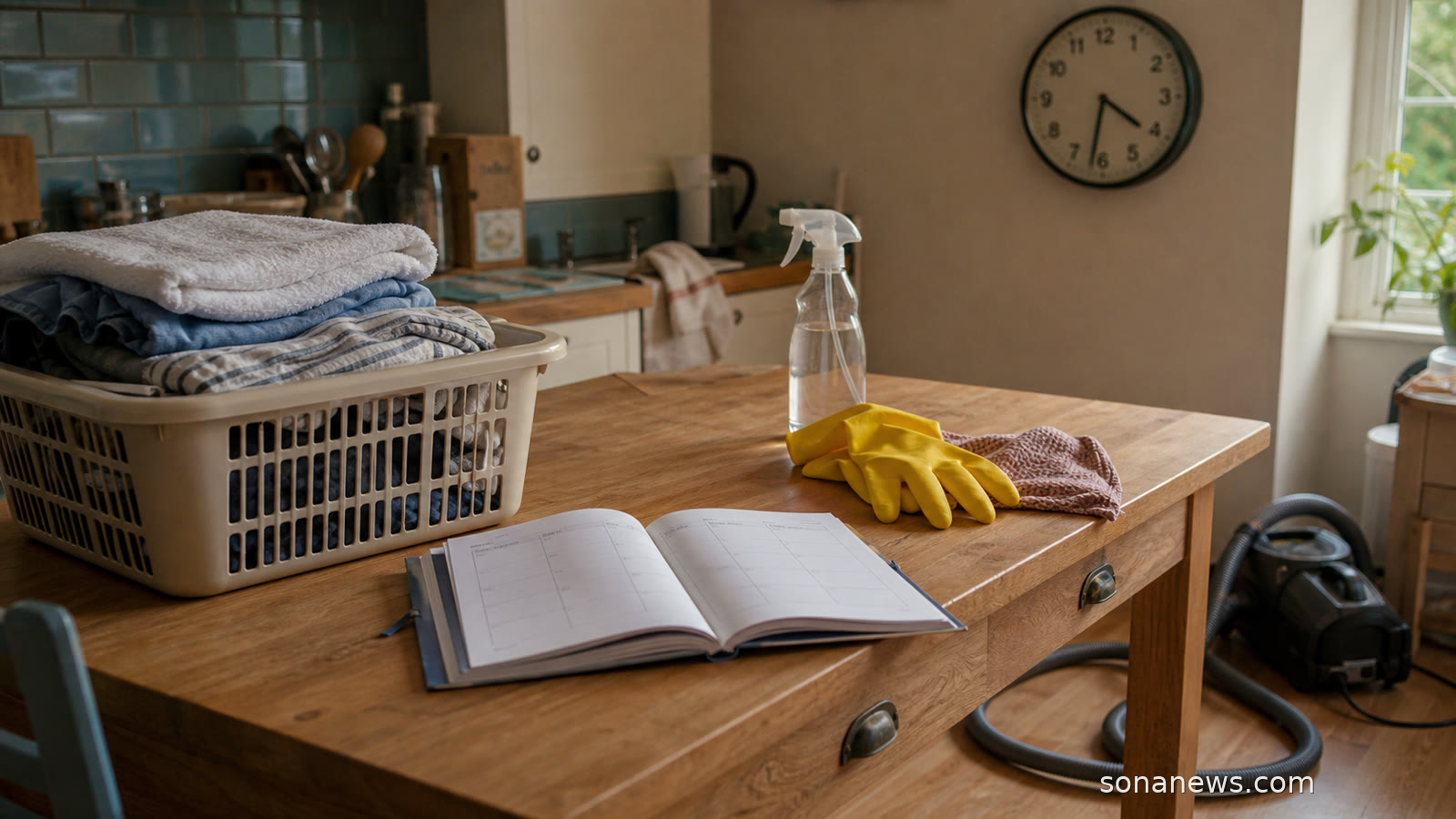 A weekly planner, laundry basket, cleaning gloves and household tools on a kitchen table for a reset routine article about household labour.