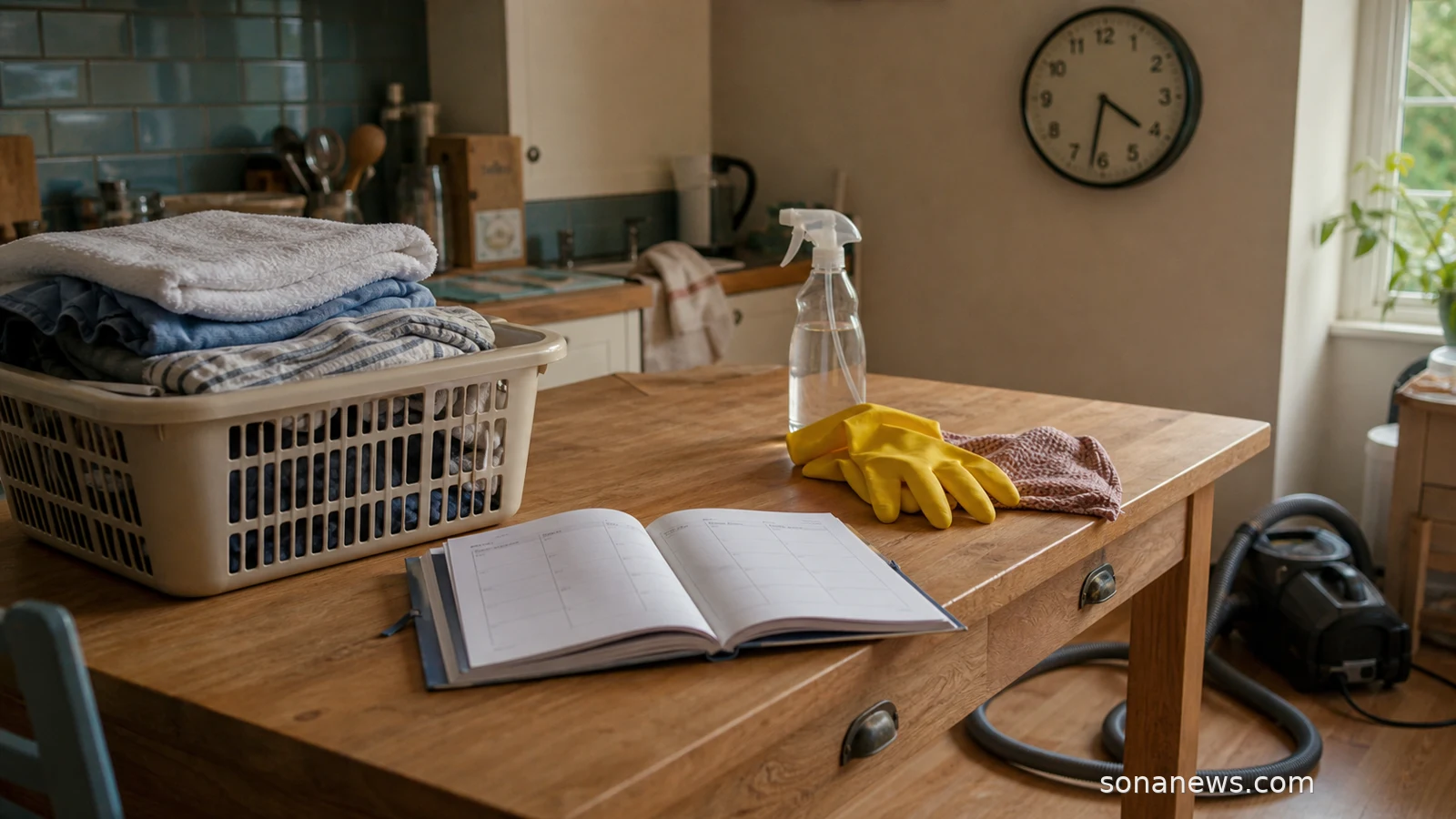 A weekly planner, laundry basket, cleaning gloves and household tools on a kitchen table for a reset routine article about household labour.