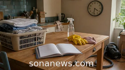 A weekly planner, laundry basket, cleaning gloves and household tools on a kitchen table for a reset routine article about household labour.