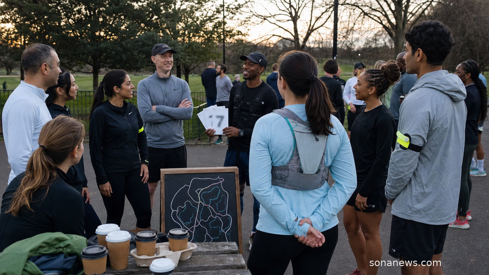 A mixed run club gathers around a route board before an evening social run.