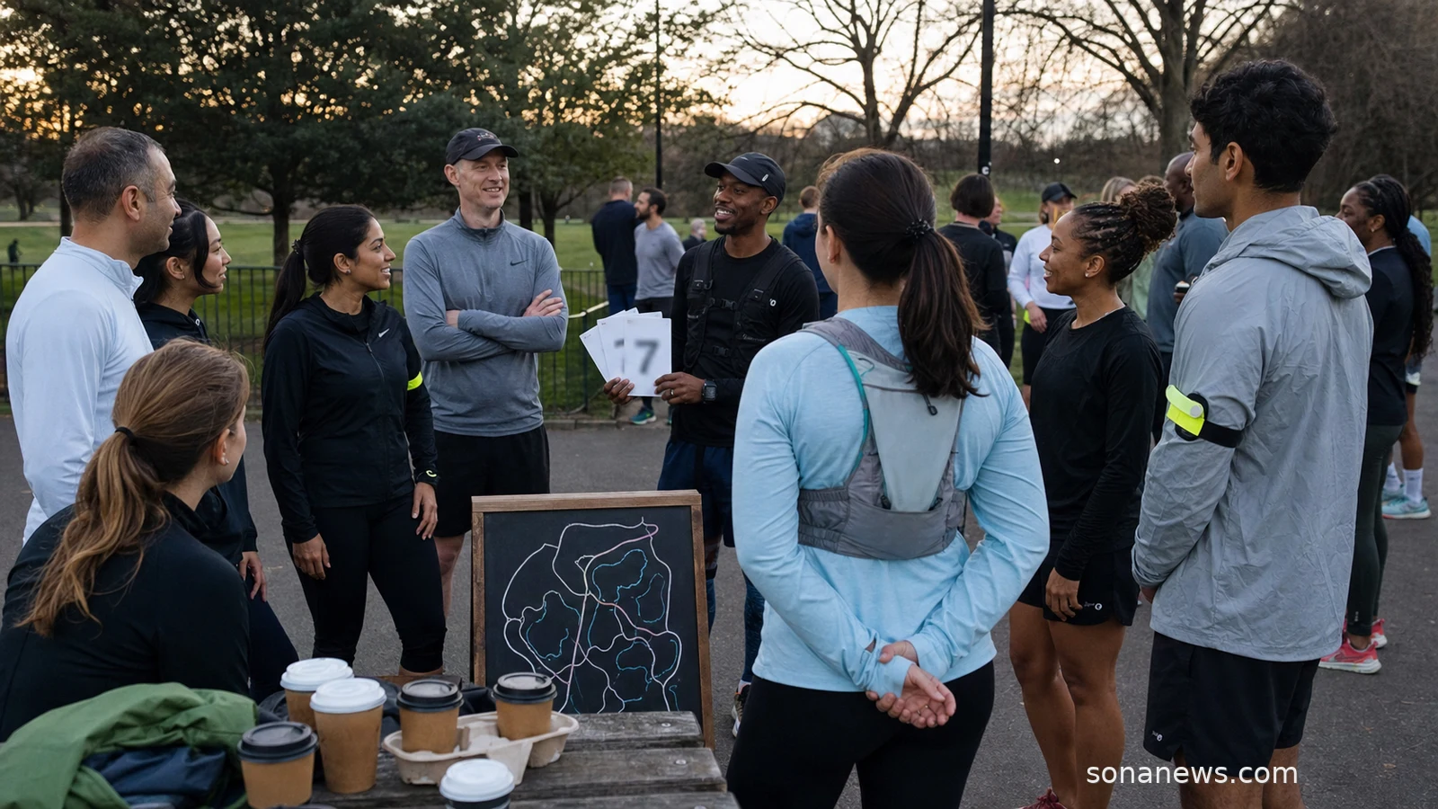 A mixed run club gathers around a route board before an evening social run.