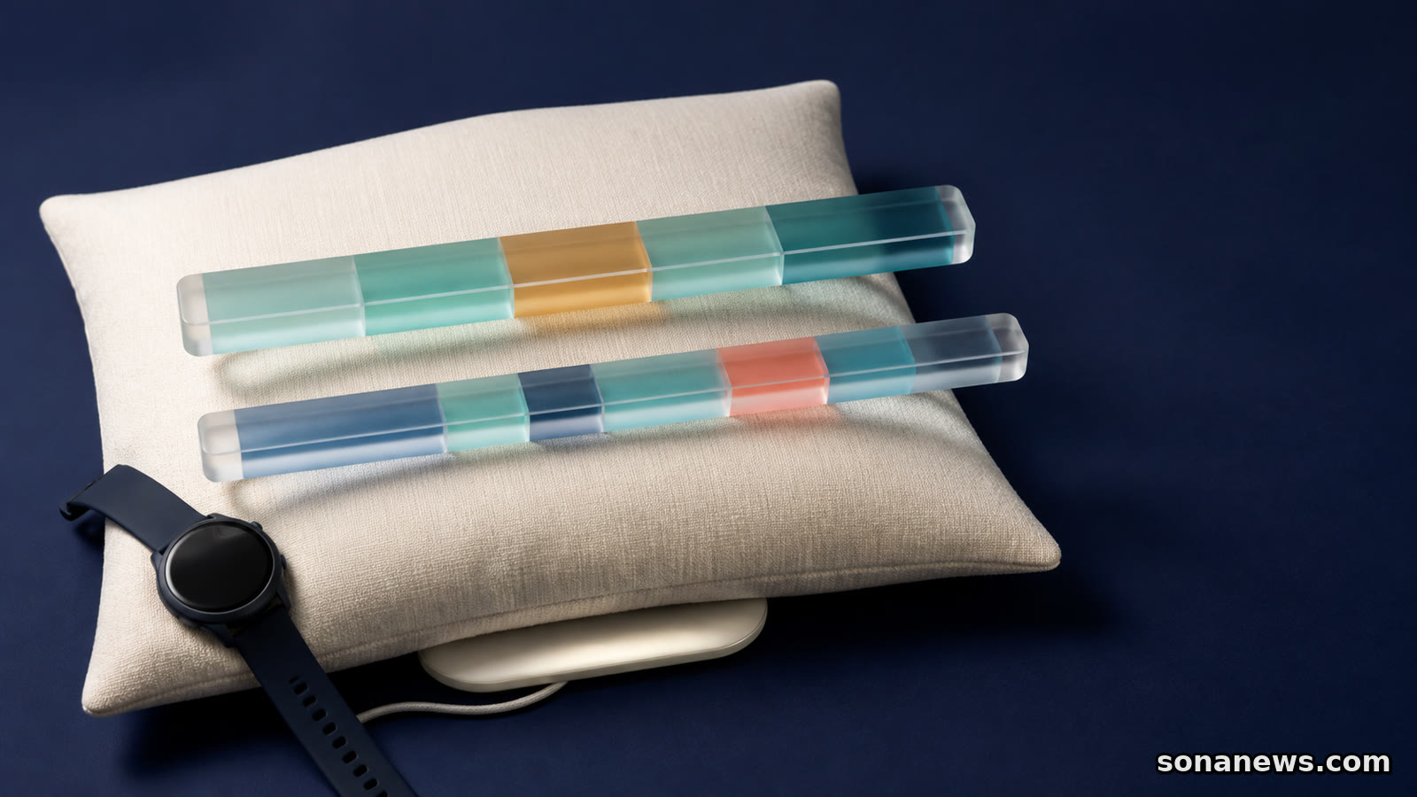 Two differently segmented sleep ribbons hover above one pillow beside a wearable and an under-pillow sensor.