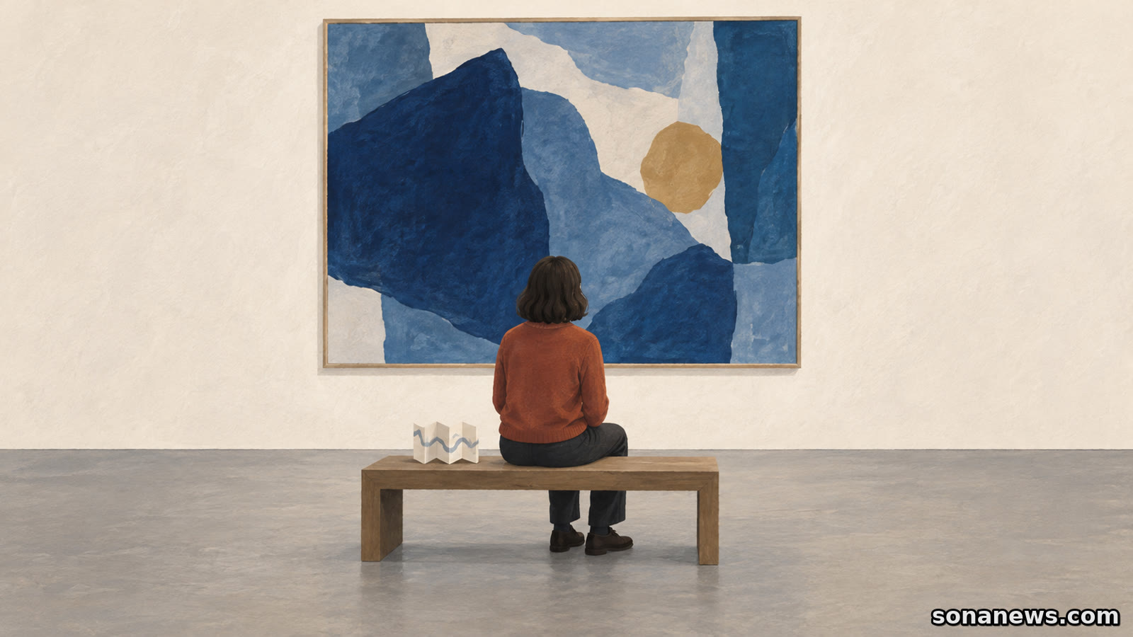 Illustrated museum visitor seated before a single blue artwork, with a folded gallery map resting unused on the bench.