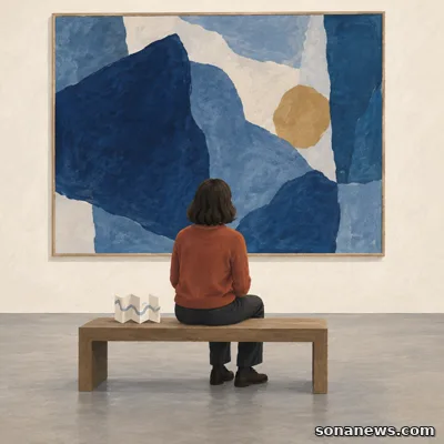 Illustrated museum visitor seated before a single blue artwork, with a folded gallery map resting unused on the bench.