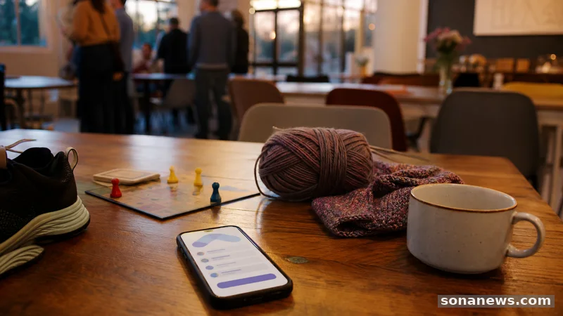 Phone with event sign-up screen beside running shoes, yarn, a game piece and coffee, illustrating social plans moving to sign-up pages.