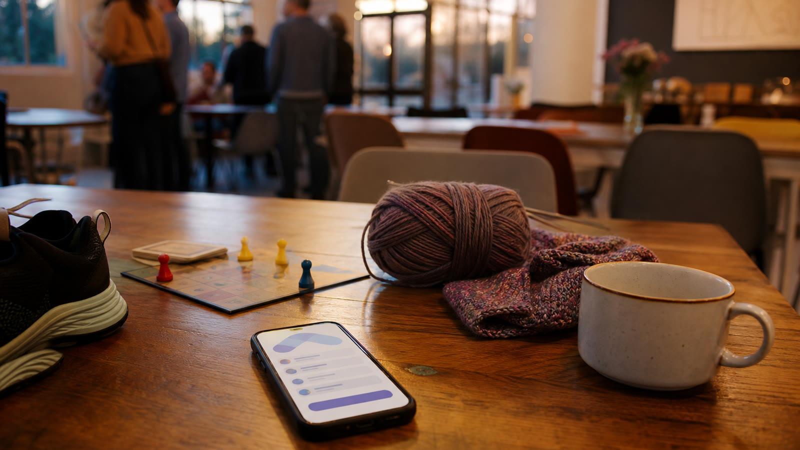 A phone with an unreadable event sign-up screen beside running shoes, yarn, a game piece and coffee.