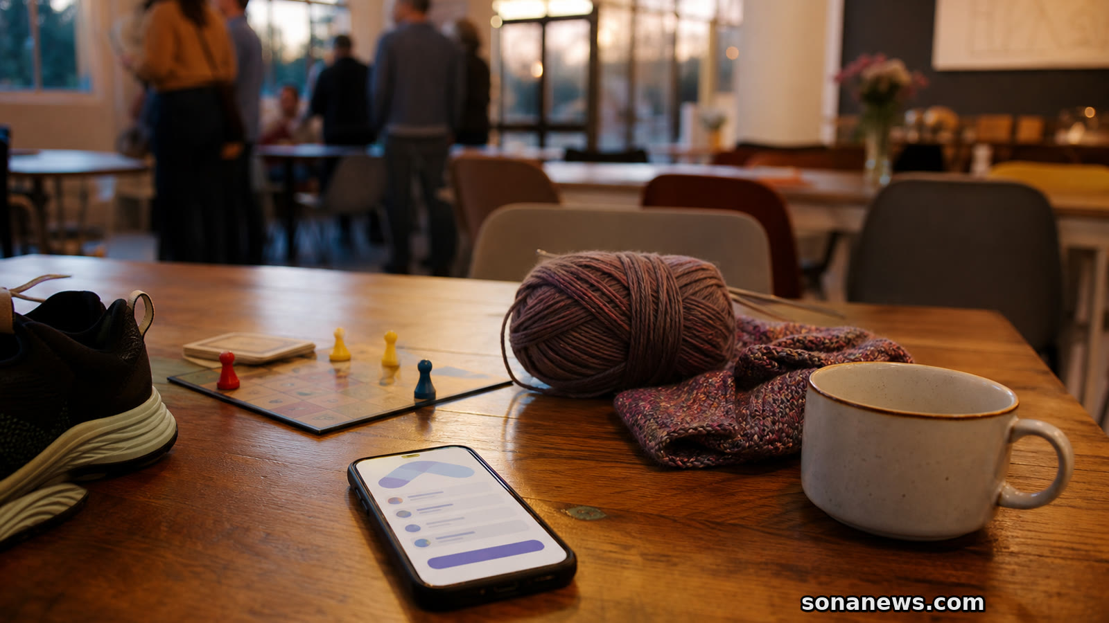 Phone with event sign-up screen beside running shoes, yarn, a game piece and coffee, illustrating social plans moving to sign-up pages.