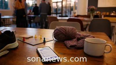 Phone with event sign-up screen beside running shoes, yarn, a game piece and coffee, illustrating social plans moving to sign-up pages.