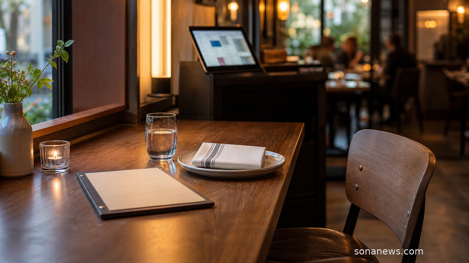 A solo restaurant table set with one plate, glass, folded napkin and menu, showing solo dining as a normal reservation.
