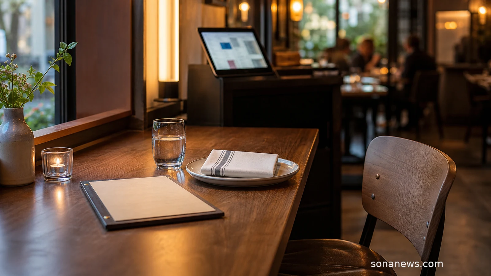 A solo restaurant table set with one plate, glass, folded napkin and menu, showing solo dining as a normal reservation.