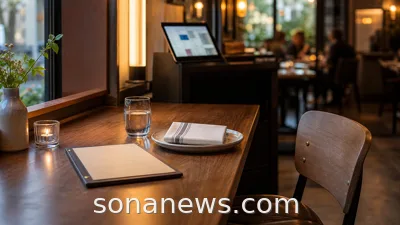 A solo restaurant table set with one plate, glass, folded napkin and menu, showing solo dining as a normal reservation.