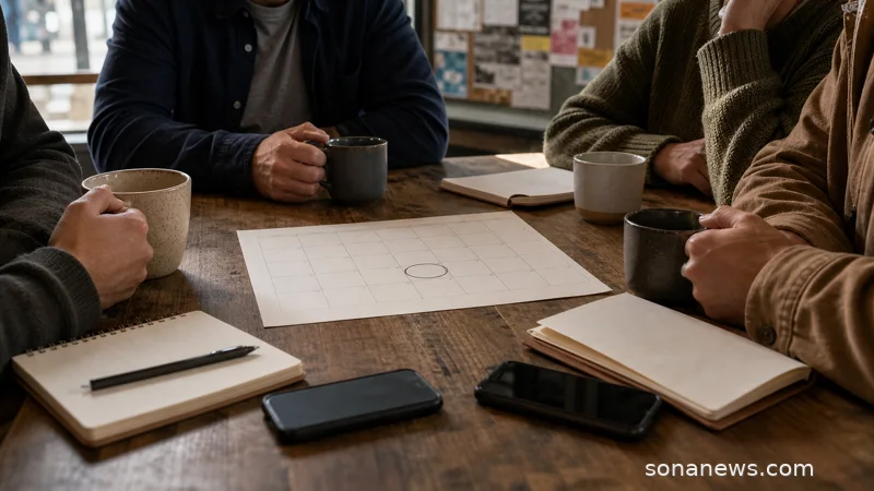 Friends gather around mugs and a blank planner for a lifestyle story about standing catch-ups and friendship routines.