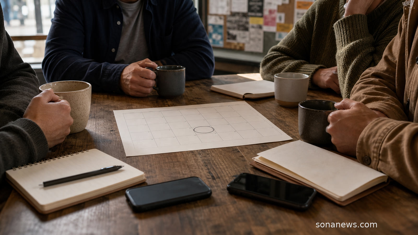 Friends gather around mugs and a blank planner for a lifestyle story about standing catch-ups and friendship routines.