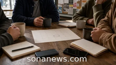 Friends gather around mugs and a blank planner for a lifestyle story about standing catch-ups and friendship routines.
