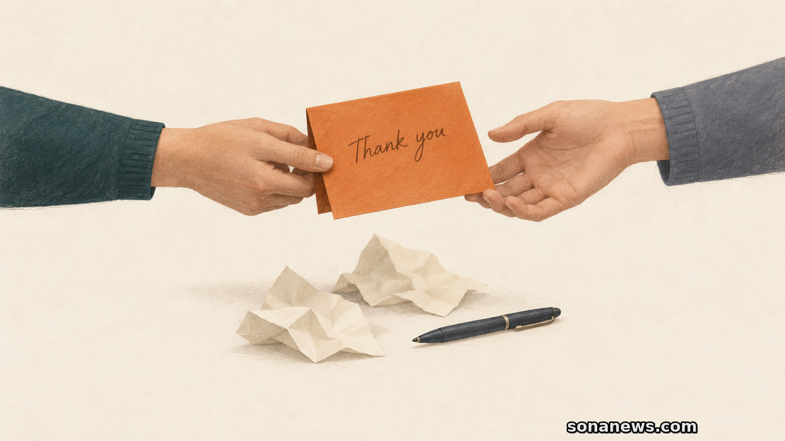 Illustration of a thank-you card passed between two hands above discarded paper drafts, showing appreciation moving beyond perfect wording.