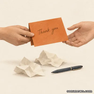 Illustration of a thank-you card passed between two hands above discarded paper drafts, showing appreciation moving beyond perfect wording.