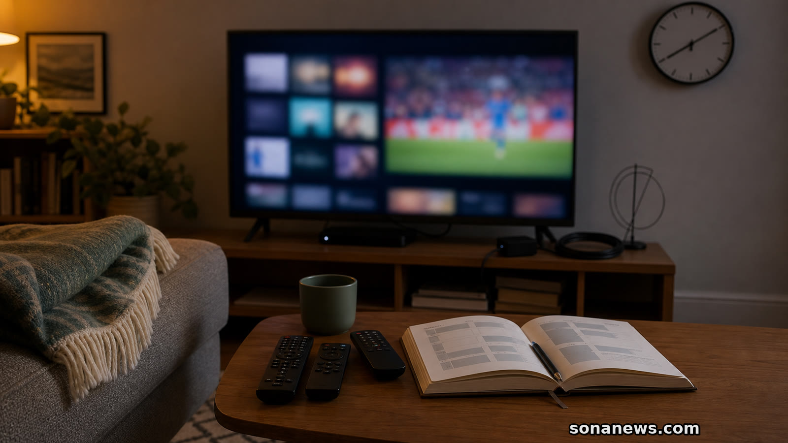 A living-room TV with abstract streaming tiles, remote controls, a clock and time-use notebook about leisure time.