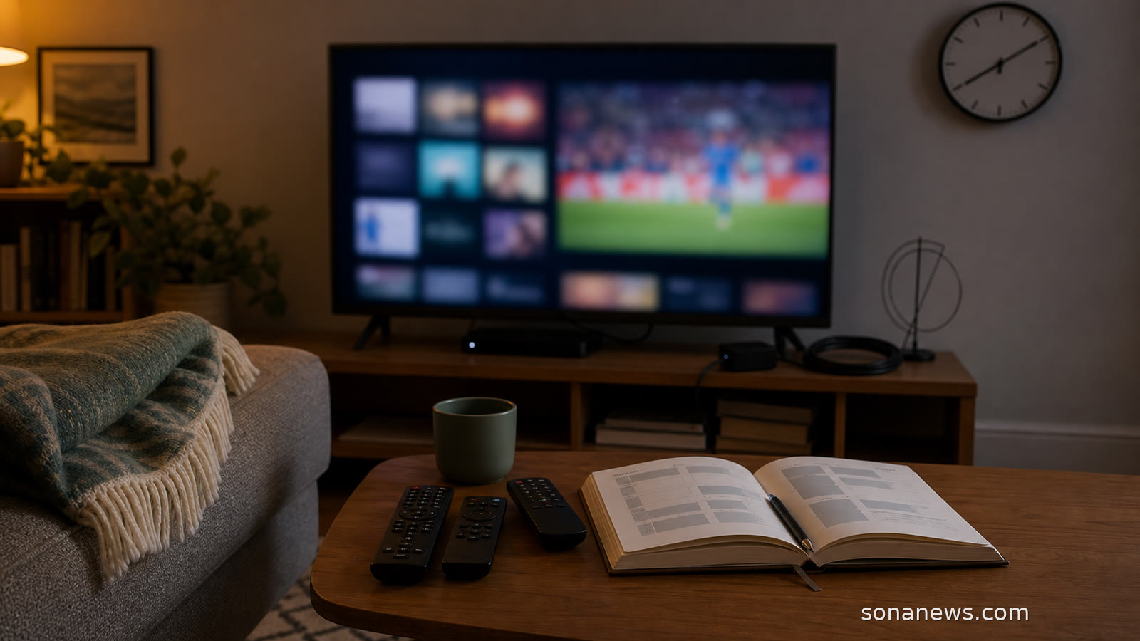A living-room TV with abstract streaming tiles, remote controls, a clock and time-use notebook about leisure time.