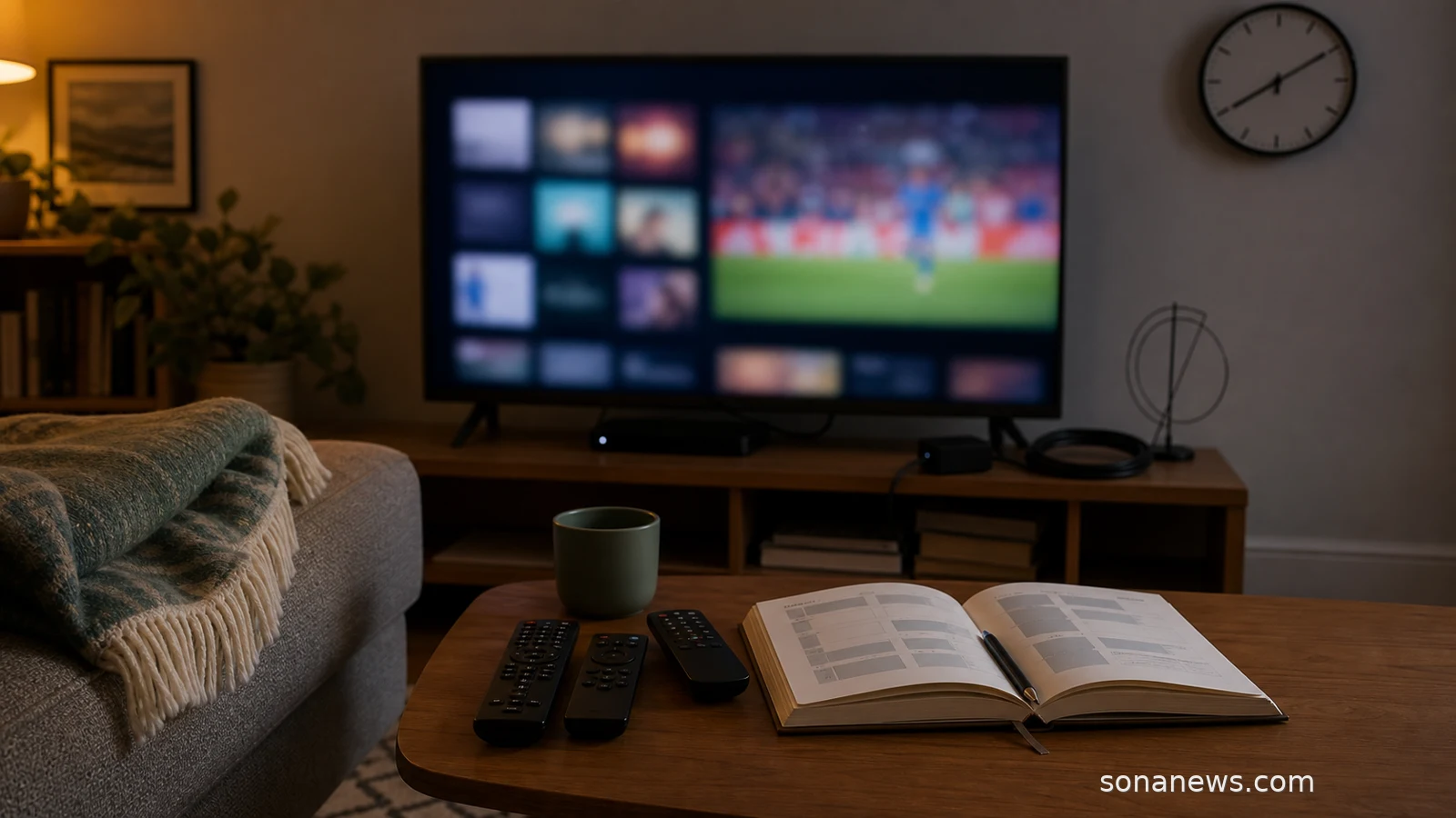 A living-room TV with abstract streaming tiles, remote controls, a clock and time-use notebook about leisure time.