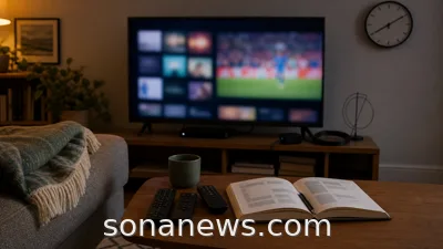 A living-room TV with abstract streaming tiles, remote controls, a clock and time-use notebook about leisure time.