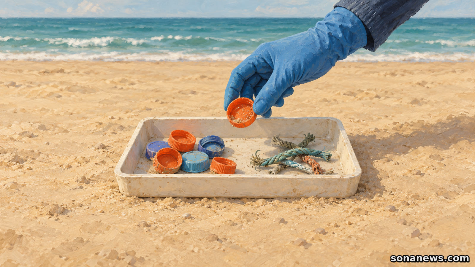 Illustration of a blue-gloved hand sorting bottle caps and cord fragments during a conceptual beach-litter count.