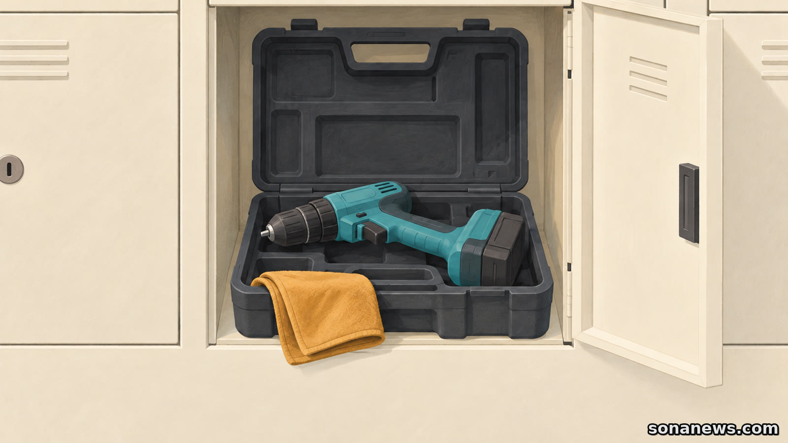 Illustration of a drill in an open carrying case inside a borrowing locker, with a cleaning cloth ready for the return.