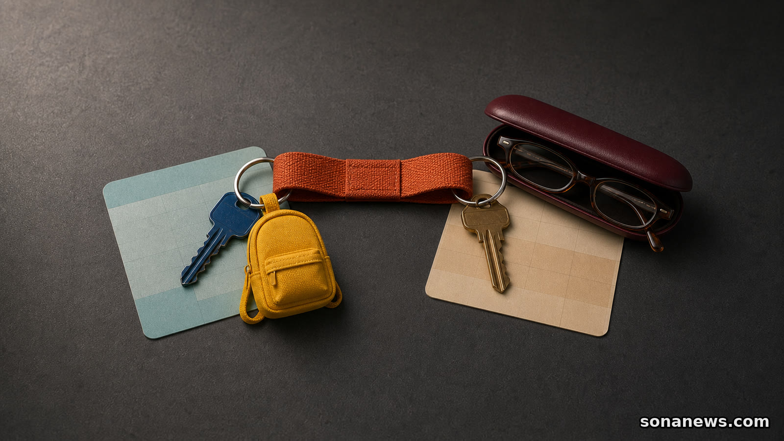 An orange fabric loop links sandwich-generation cues: a miniature yellow backpack, two house keys and reading glasses on separate planners.