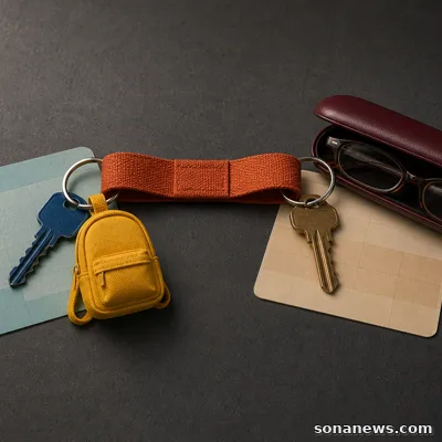 An orange fabric loop links sandwich-generation cues: a miniature yellow backpack, two house keys and reading glasses on separate planners.