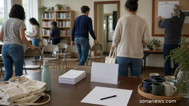 Volunteers arranging chairs, tote bags and a blank sign-up sheet in a community hall for a social calendar article.
