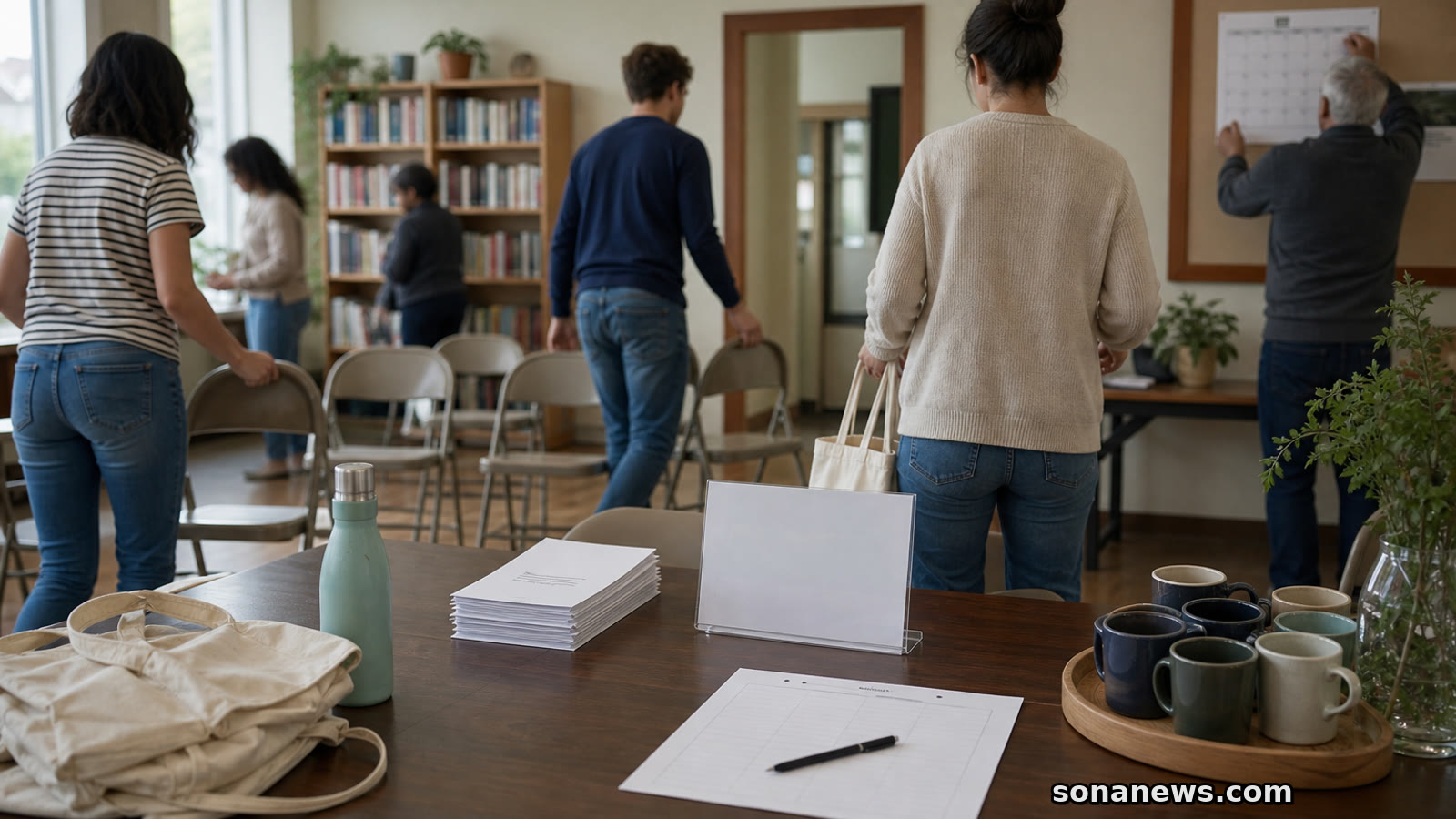 Volunteers arranging chairs, tote bags and a blank sign-up sheet in a community hall for a social calendar article.