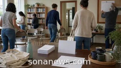 Volunteers arranging chairs, tote bags and a blank sign-up sheet in a community hall for a social calendar article.