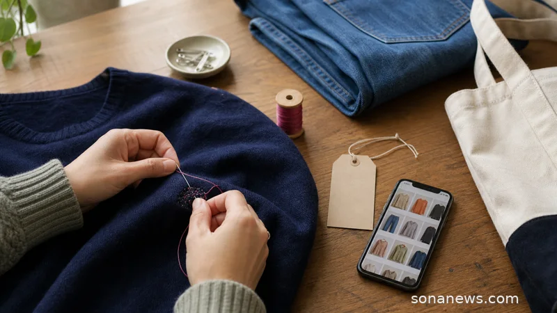 Hands mending a dark jumper beside jeans, thread and a phone with a secondhand clothing grid.