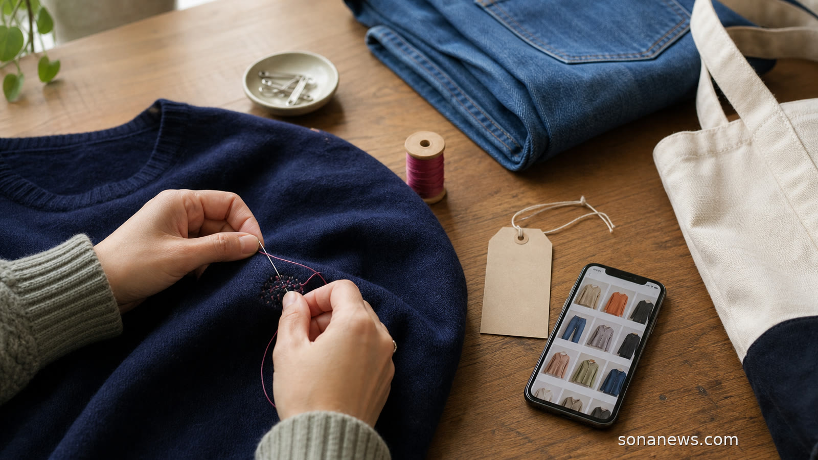 Hands mending a dark jumper beside jeans, thread and a phone with a secondhand clothing grid.