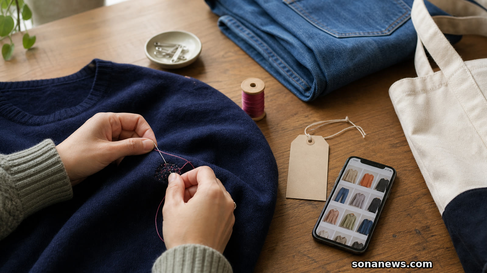 Hands mending a dark jumper beside jeans, thread and a phone with a secondhand clothing grid.