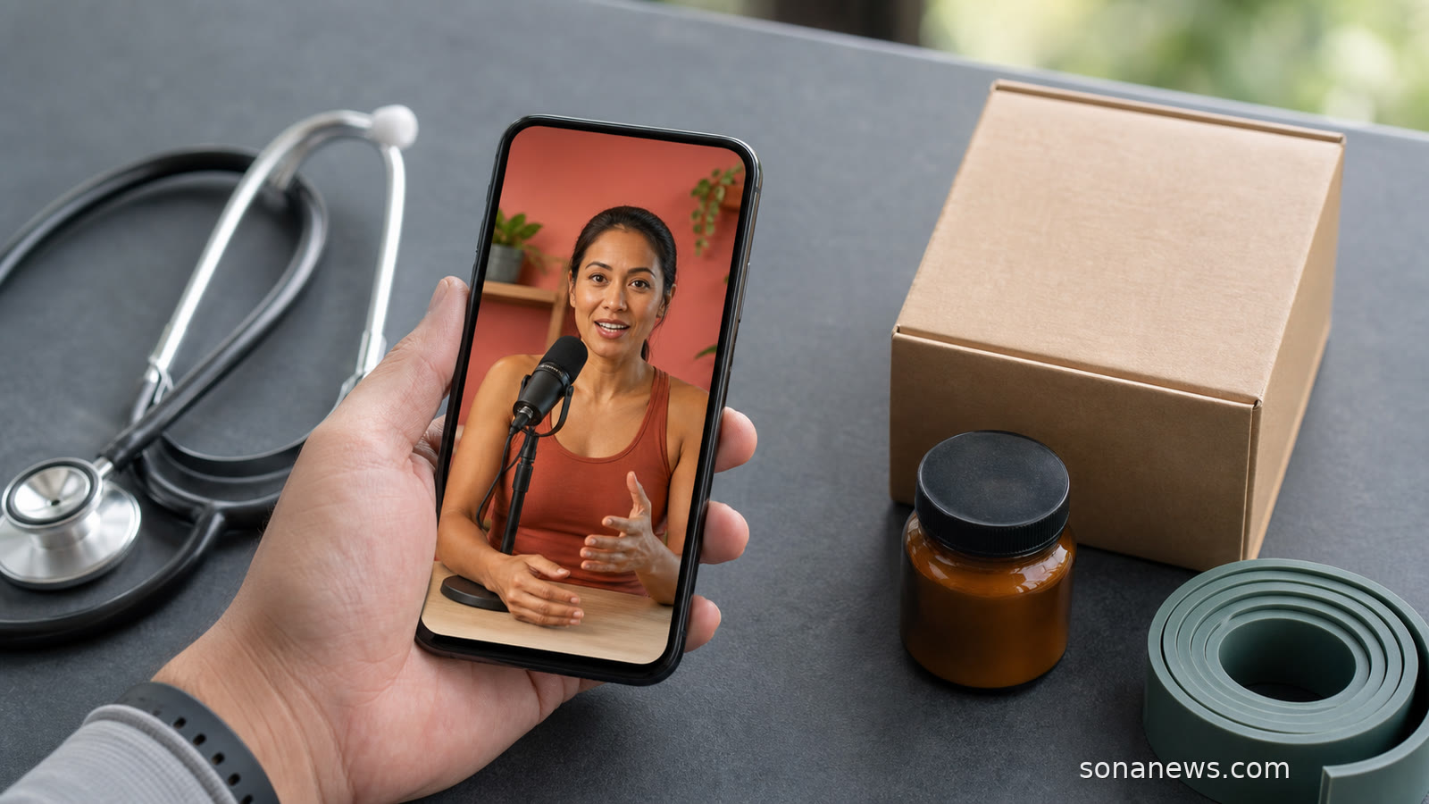 A phone shows an unbranded wellness creator beside a podcast microphone, stethoscope and product parcel.
