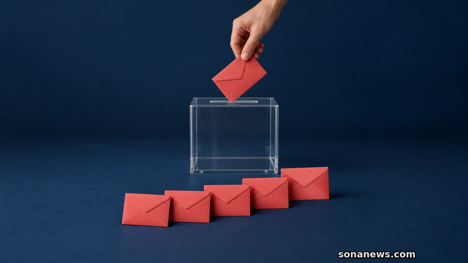 A hand adds a coral donation envelope above a collection box and a short sequence of earlier envelopes.