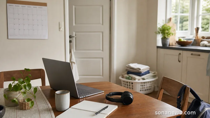A tidy kitchen table with a laptop, mug, notebook and household items for a work-from-home routine article.
