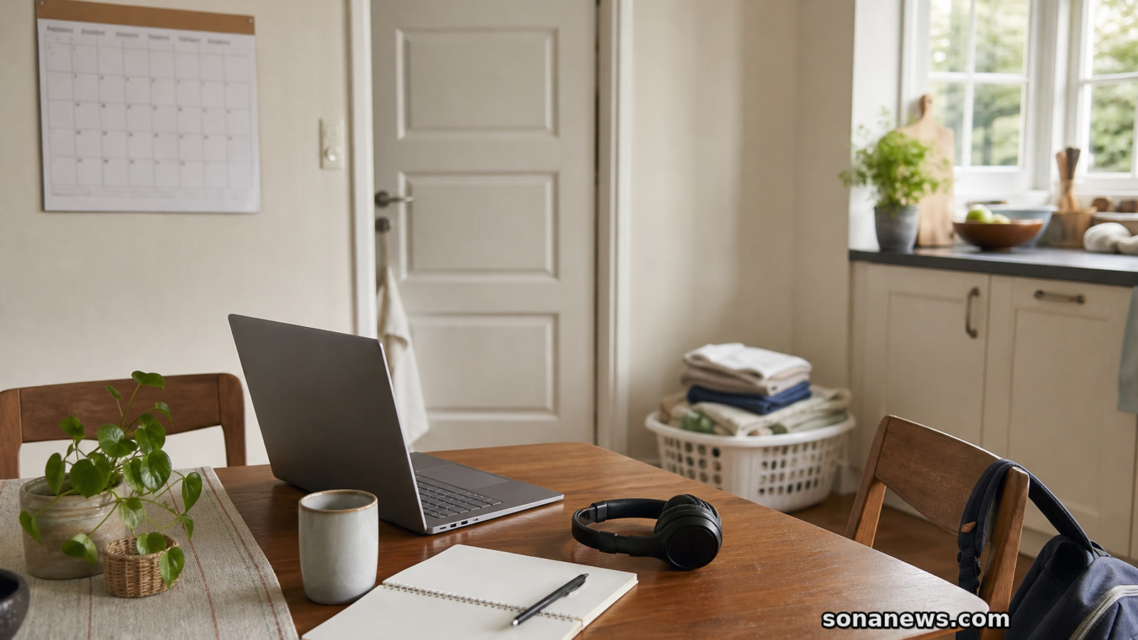 A tidy kitchen table with a laptop, mug, notebook and household items for a work-from-home routine article.