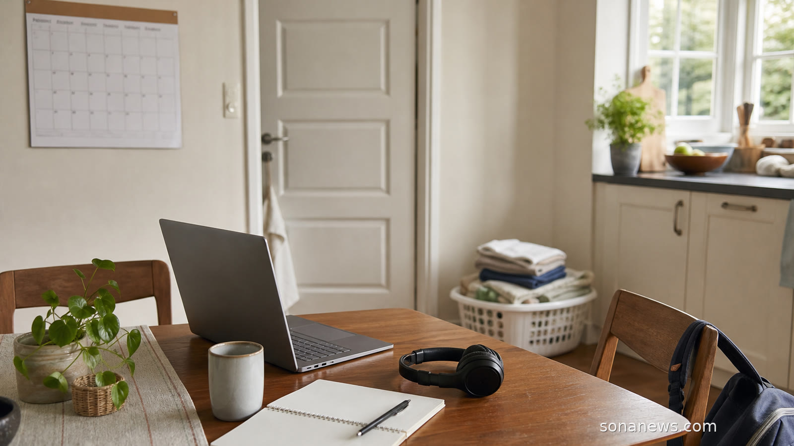 A tidy kitchen table with a laptop, mug, notebook and household items for a work-from-home routine article.