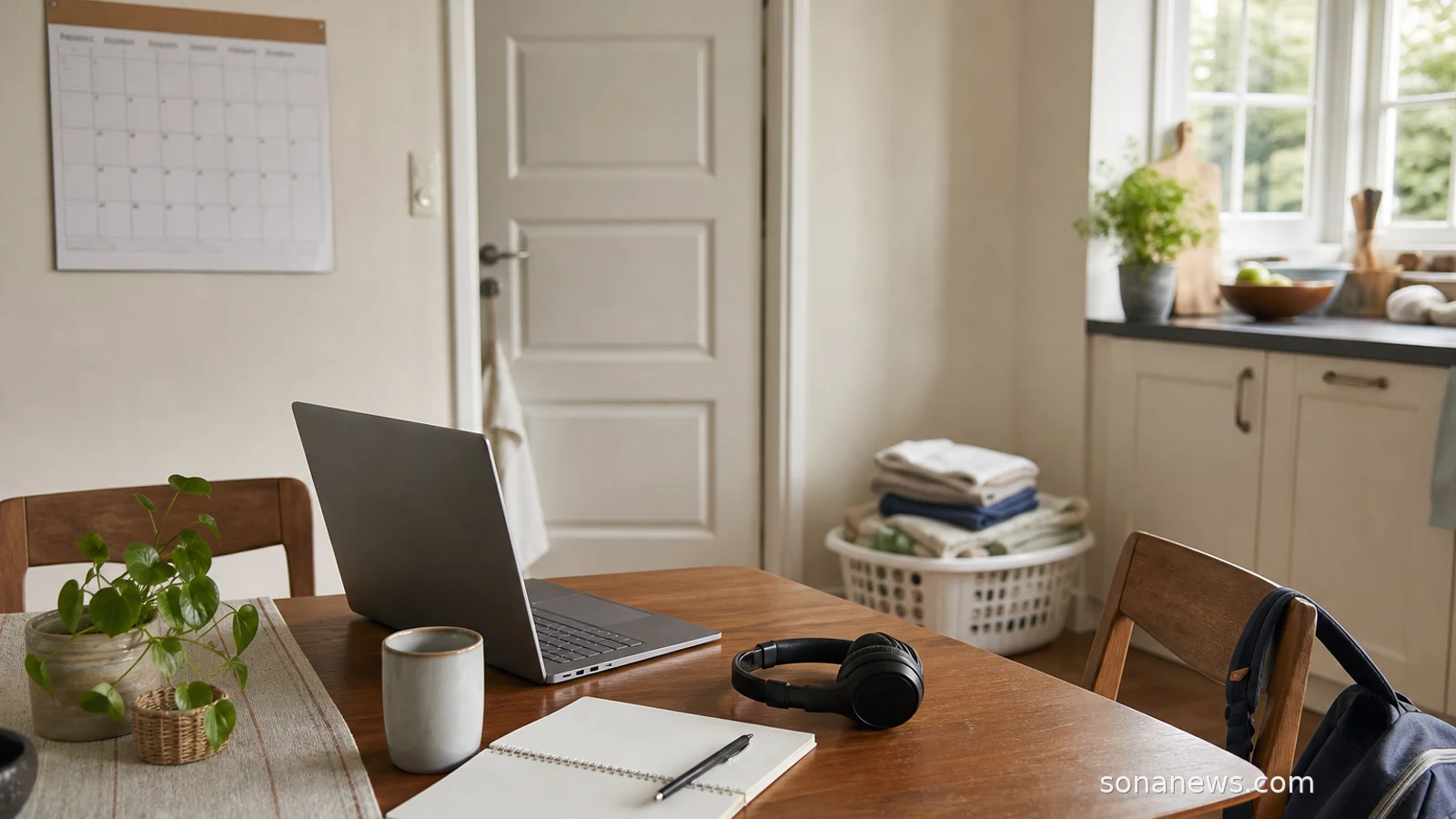A tidy kitchen table with a laptop, mug, notebook and household items for a work-from-home routine article.