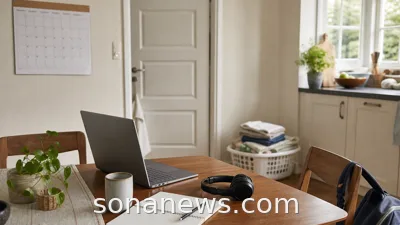 A tidy kitchen table with a laptop, mug, notebook and household items for a work-from-home routine article.