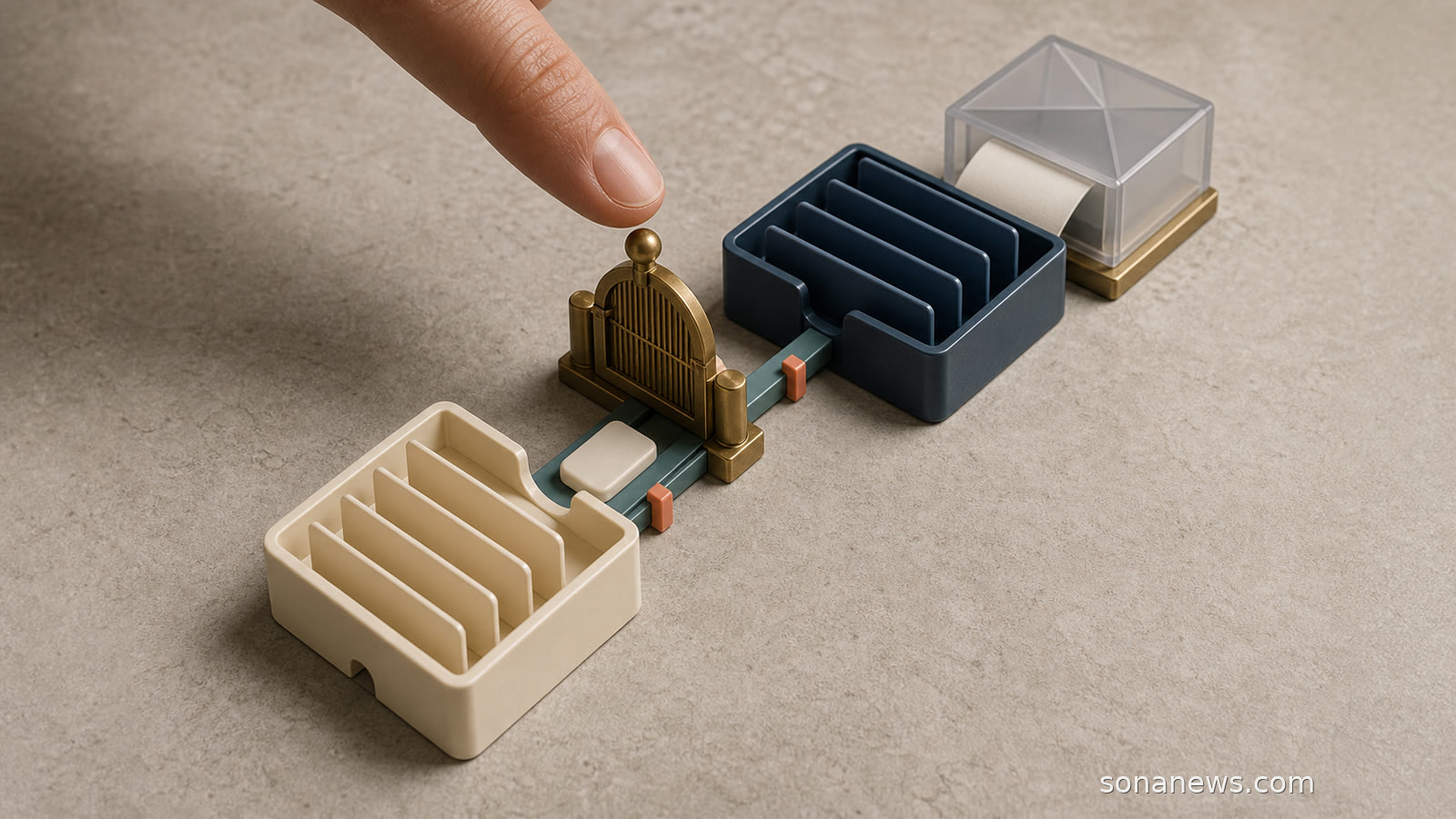 A fingertip pauses at a brass permission gate between two account trays in a conceptual AI money assistant model.