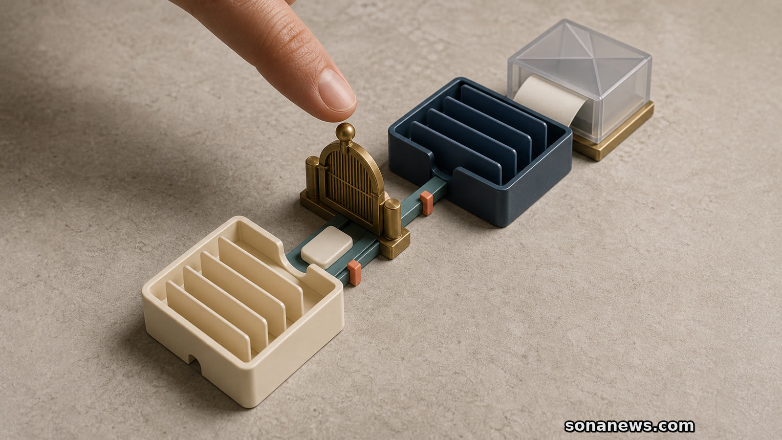 A fingertip pauses at a brass permission gate between two account trays in a conceptual AI money assistant model.