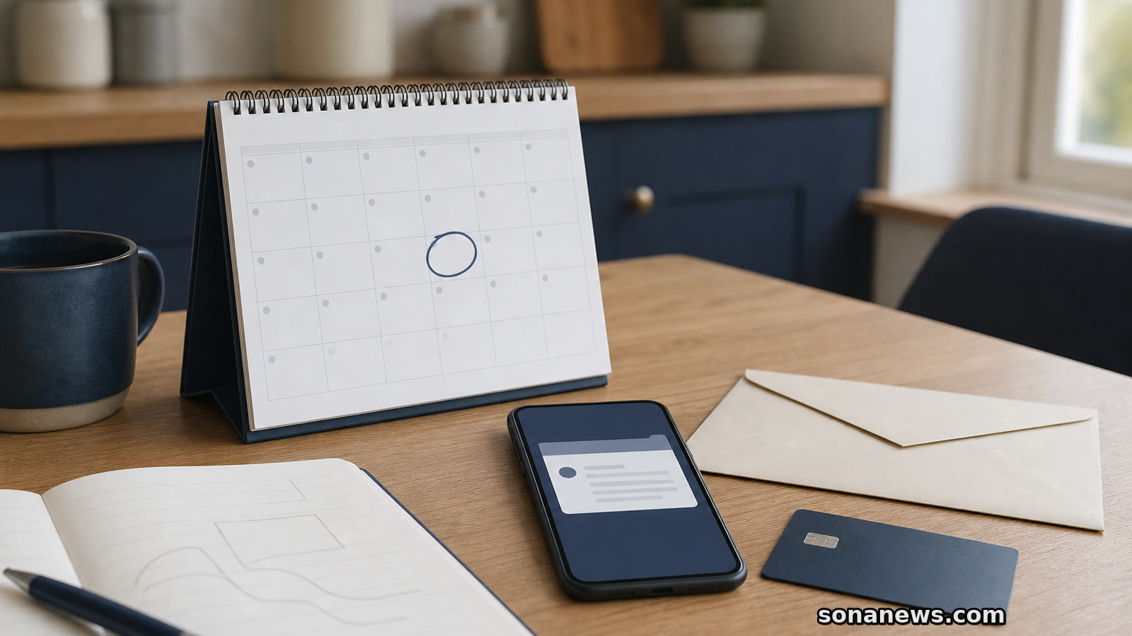 Smartphone, calendar and face-down bank card on a home desk for a bank account closure notice.