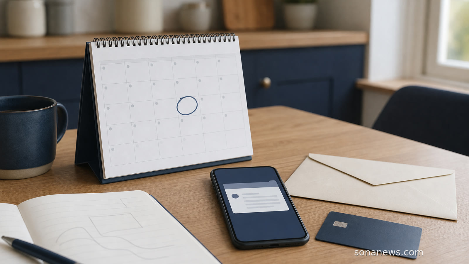 Smartphone, calendar and face-down bank card on a home desk for a bank account closure notice.