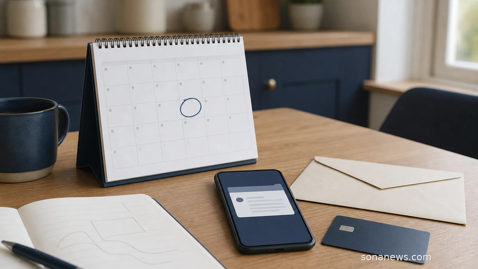 Smartphone, calendar and face-down bank card on a home desk for a bank account closure notice.