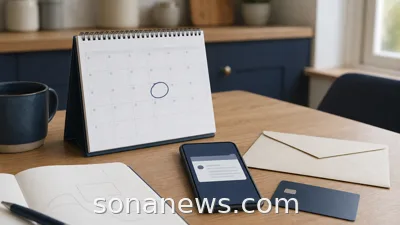 Smartphone, calendar and face-down bank card on a home desk for a bank account closure notice.