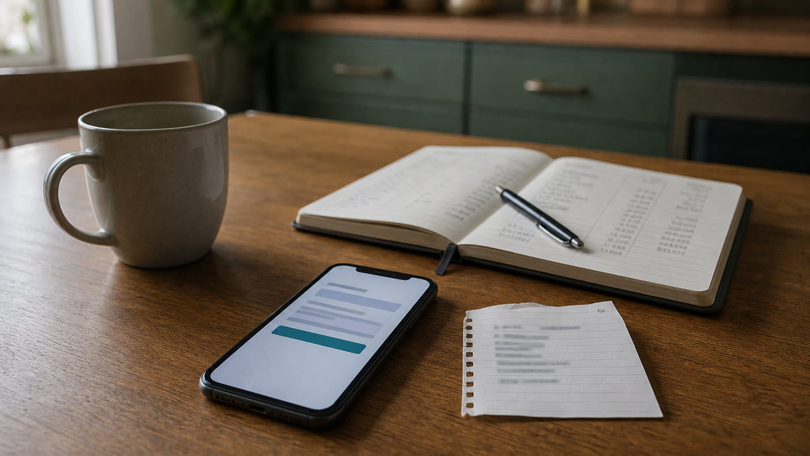Smartphone and household ledger on a desk, suggesting a paused bank transfer.