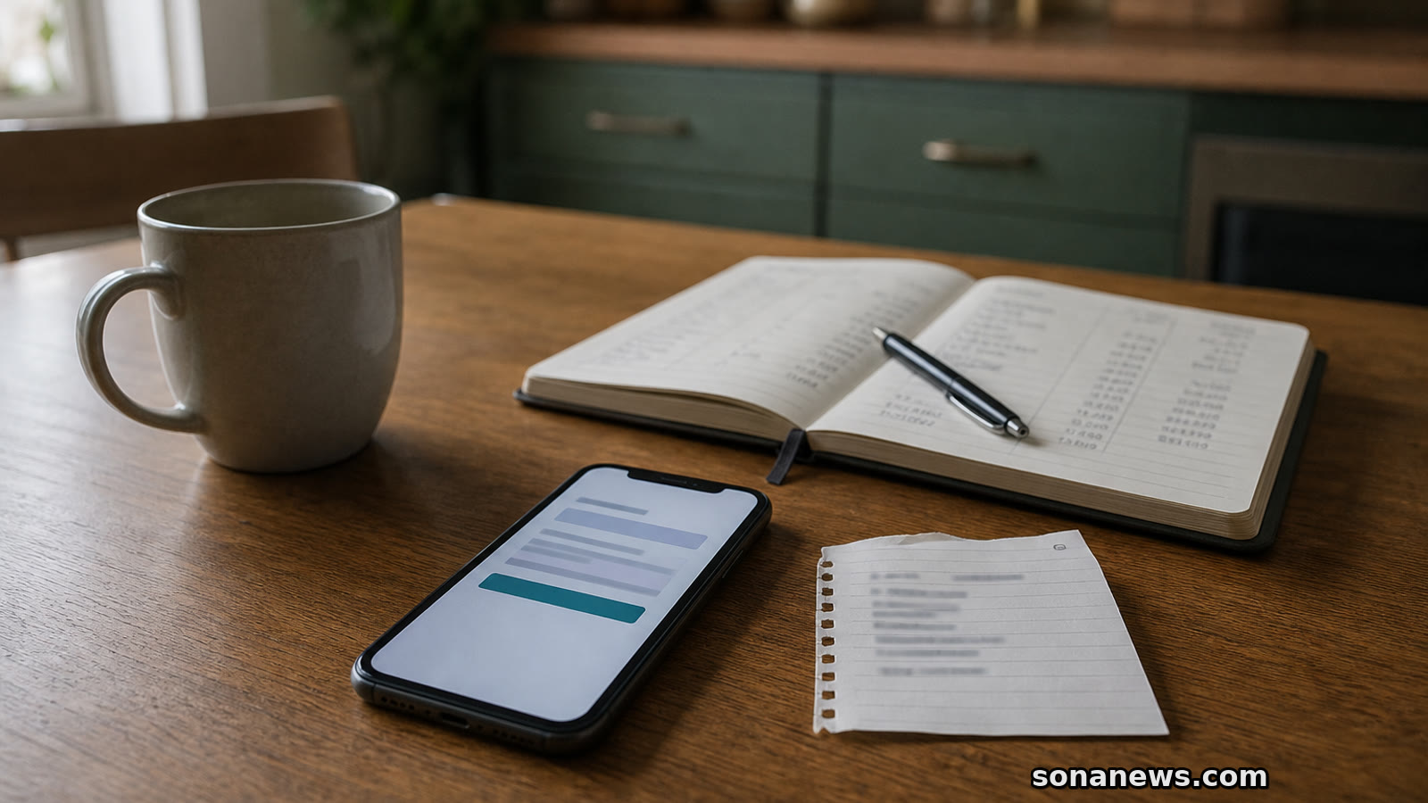 Smartphone and household ledger on a desk, illustrating bank transfer fraud protection, APP reimbursement and safer payment pauses.